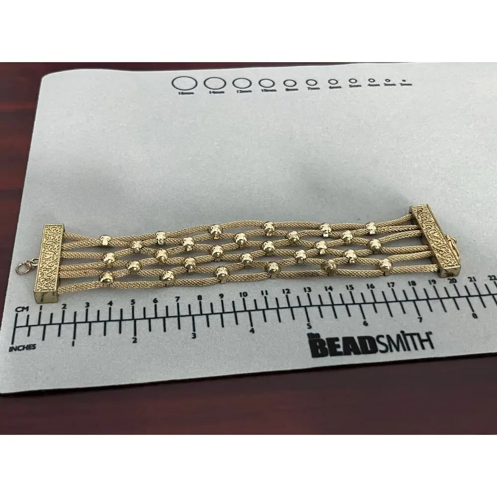 VTG Gold Tone Multi Strand Mesh Chain Beaded Wide Statement Bracelet Boho